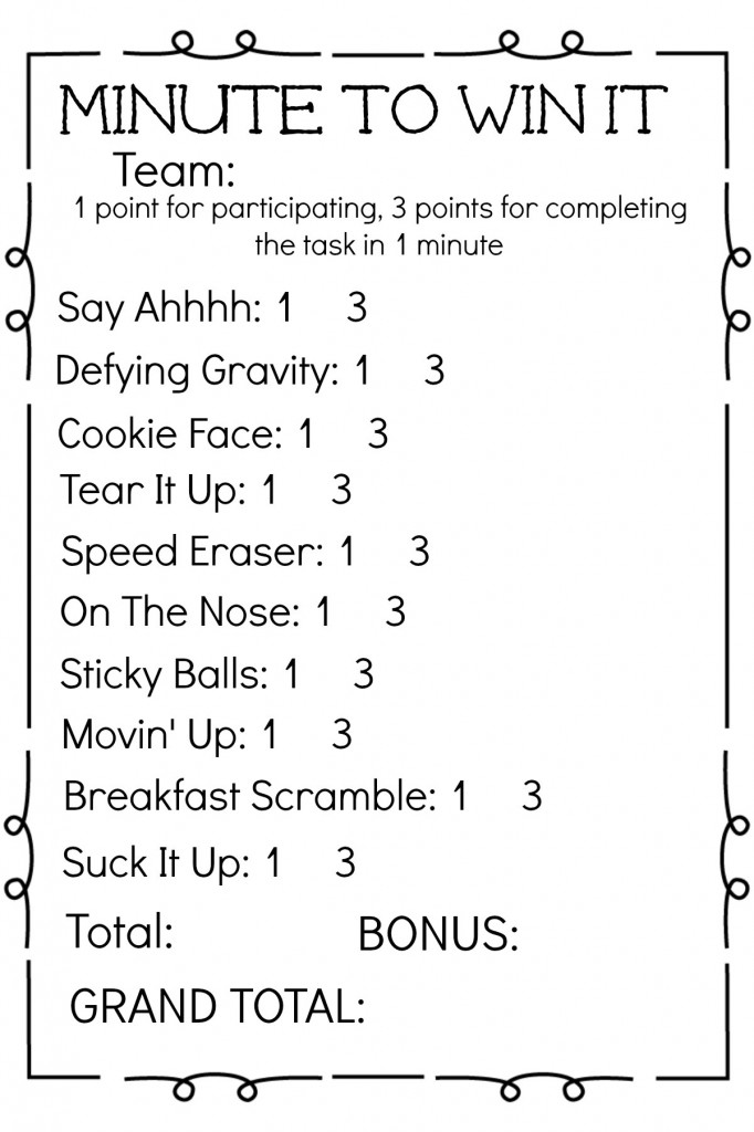 Minute to Win It Scorecard from Let's Get Together